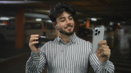 Young man with beard holding car keys and smartphone inside a dimly lit indoor parking area,...