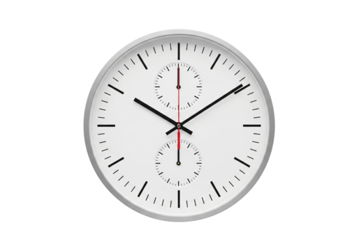 Sleek modern wall clock emphasizing time management, deadlines, and productivity, isolated on a transparent PNG background.