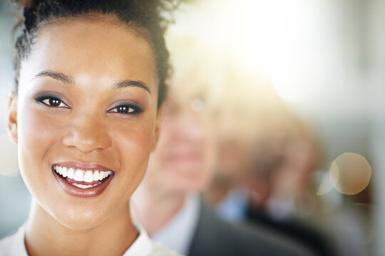 Portrait, business and woman in line, lawyer and diversity with confidence. Multiracial, attorney and employees in office, teamwork and smile with leadership, coworking and bokeh with solidarity - Powered by Adobe