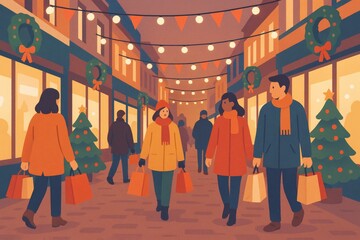 Christmas shoppers stroll through a festive holiday shopping street