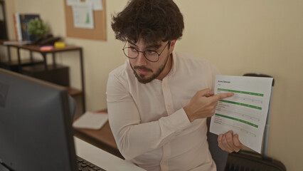 Young man with beard pointing at an income statement during a video call in an office setting, demonstrating a professional and engaged environment.