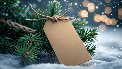 Obraz premium Blank Kraft Tag on Pine Branch in Snowy Christmas Scene