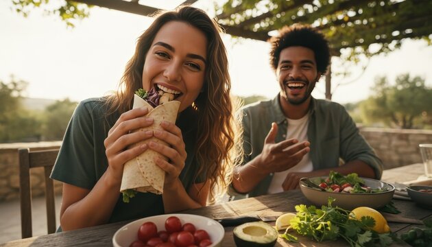 Happy young woman eating a fresh vegetarian wrap smiles joyfully while dining outdoors with her laughing partner at a rustic wooden table in warm afternoon sunlight - Powered by Adobe
