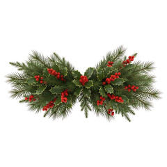 Festive Christmas garland with holly berries and pine branches on black background