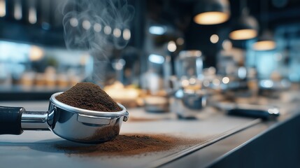 High-detail close-up of barista tools arranged around a portafilter with fresh coffee grounds in warm café lighting.
