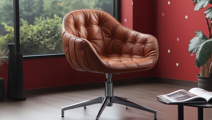 A brown leather swivel chair with tufted upholstery sits in a modern room near a large window