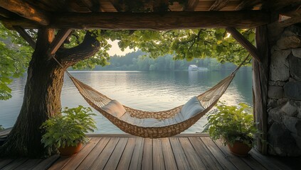 Serene lakeside hammock scene offers peaceful relaxation under a tranquil tree canopy, perfect for a summer getaway