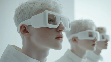Young man with albinism wearing innovative virtual reality headset. Future technology and immersive experience for new generation.