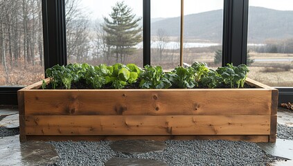 A rustic wooden planter box brimming with lush, leafy greens sits in a sunlit room, showcasing a vibrant indoor herb garden