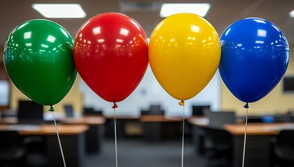 Four colorful balloons in red, yellow, green, and blue arranged in a row, set against a blurred office background