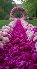 A breathtaking aisle of pink and white peonies creates a romantic floral pathway leading to a peony arch