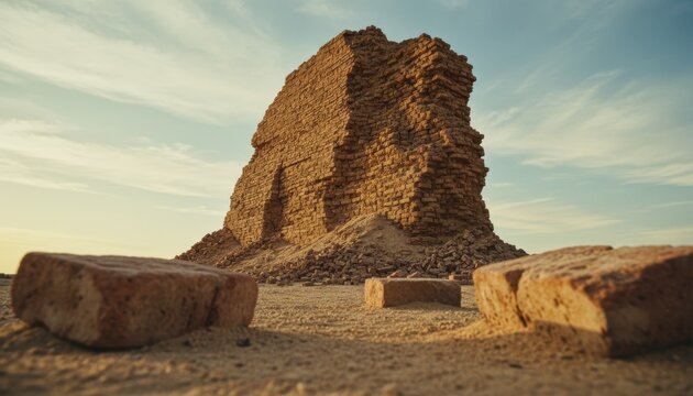 Large ancient ruined pyramid made of crumbling mud bricks stands in a sandy desert landscape, captured from a low angle during a warm and atmospheric sunset