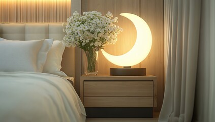 Serene bedroom interior with a crescent moon lamp illuminating a nightstand with flowers, creating a calming and peaceful atmosphere