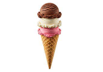 Delicious triple scoop ice cream cone, perfect for summer treats and sweet cravings, isolated on a transparent PNG background.