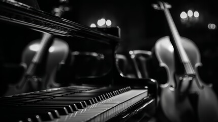 Black and white photo of a piano and two violins. Scene is one of elegance and sophistication