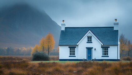 A charming white cottage with a blue roof sits serenely in a misty Scottish glen, autumn colors adding warmth to the scene
