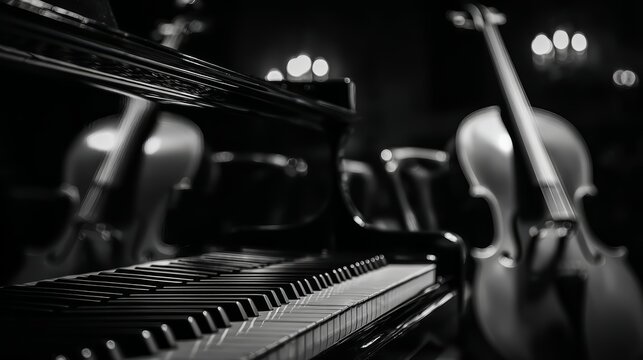 Black and white photo of a piano and two violins. Scene is one of elegance and sophistication
