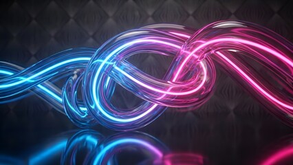 Intertwined glowing neon tubes in vibrant blue and pink colors creating an abstract light art display on a dark reflective surface.