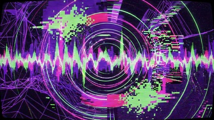 A vibrant, abstract digital art piece featuring a central purple and green waveform, surrounded by concentric circles and glitch effects, evoking a futuristic technological aesthetic.
