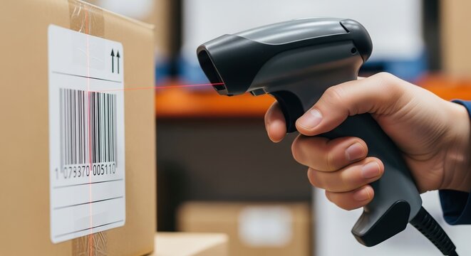 Lagermitarbeiter scannt Barcode auf Versandkarton mit Handscanner im Logistikzentrum