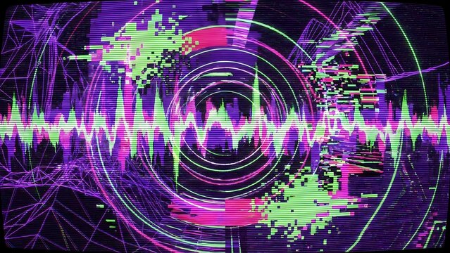A vibrant, abstract digital art piece featuring a central purple and green waveform, surrounded by concentric circles and glitch effects, evoking a futuristic technological aesthetic. - Powered by Adobe