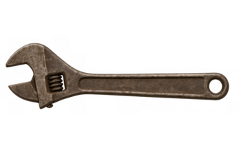 Adjustable wrench tool with aged metal texture for repair and maintenance work, isolated on transparent background