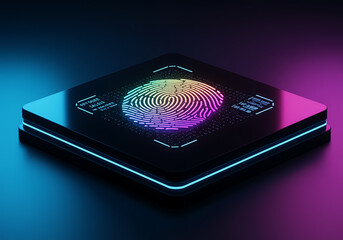 Futuristic digital fingerprint scanner with glowing neon light for biometric security and authentication concept
