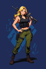 A young woman model in a military uniform holding a sniper rifle with camouflage, describing a warrior of the armed forces