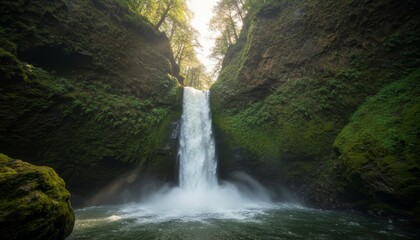 Powerful cascading waterfall plunges into a misty pool within a dramatic, moss-covered canyon illuminated by ethereal sunbeams from above