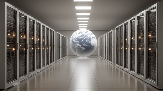 Computer server room with a large globe in the middle. The room is filled with rows of servers