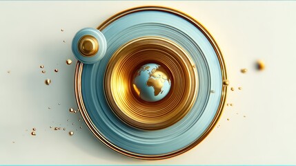 Gold and blue circle with a globe in the center. The globe is surrounded by a gold rim