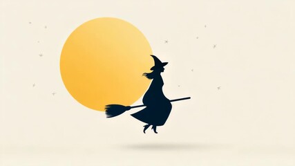 Silhouette witch flying on broomstick against bright full moon night - Powered by Adobe