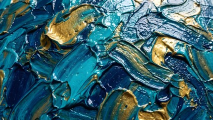 Close-up of vibrant blue, teal, and gold textured paint strokes, showcasing thick impasto technique and abstract artistry.