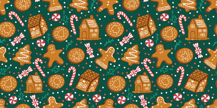 Seamless repeating pattern featuring various gingerbread cookies, houses, and candy canes. Perfect tileable background for gift paper, fabric, textiles, and seasonal website design. Highquality vector