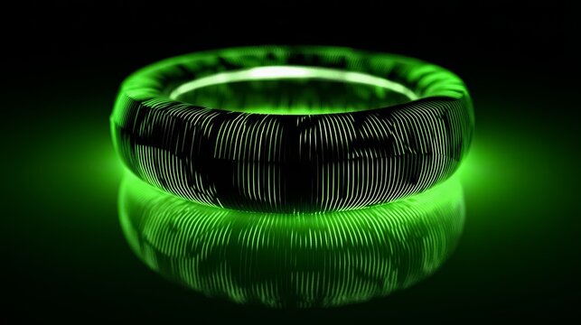 Green and black ring with a green glow. The ring is reflecting the light and the image is very colorful - Powered by Adobe