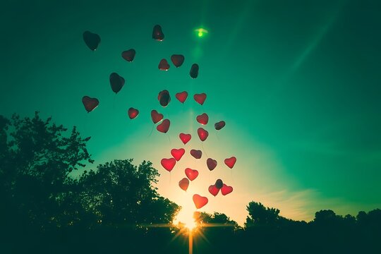 red heart shaped balloon.
Heart-Shaped Balloons Floating into Sunset Sky for Valentine&rsquo;s Day 2026.