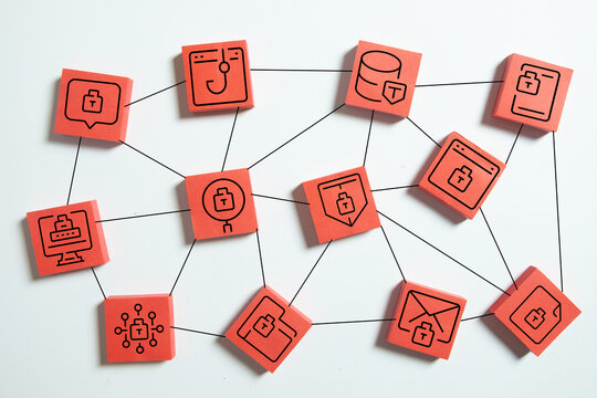 Red wooden blocks with phishing and security icons connected by lines, representing cyber attack, ransomware, data protection, and malware network concept on white background.
