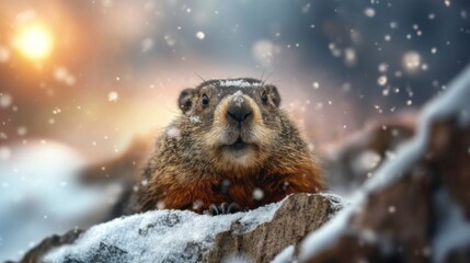 Groundhog close-up in snowy landscape, capturing winter's essence and the anticipation of spring, celebrating February traditions and predictions