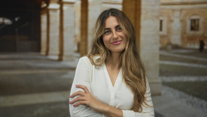 Fototapeta premium Woman crosses bare arms in university courtyard; confidence determination.