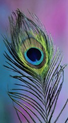 Obraz premium Delicate peacock feather leans in soft light with a blurred pastel background showcasing its intricate details and colors