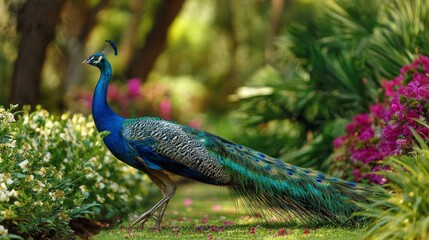 Fototapeta premium Peacock walks gracefully in a garden filled with flowers, its colorful tail feathers following along the ground in soft light