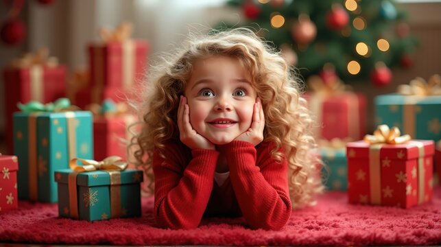 A cheerful child with curly hair smiles excitedly in front of colorful Christmas presents, capturing the festive spirit. - Powered by Adobe