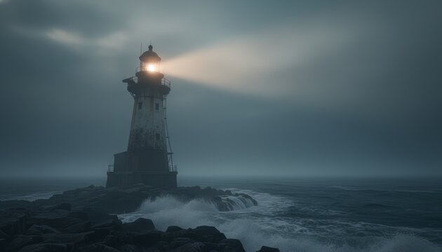 Old weathered lighthouse tower on a rocky breakwater shines its guiding light beam across a rough sea on a dark, foggy, and atmospheric night - Powered by Adobe