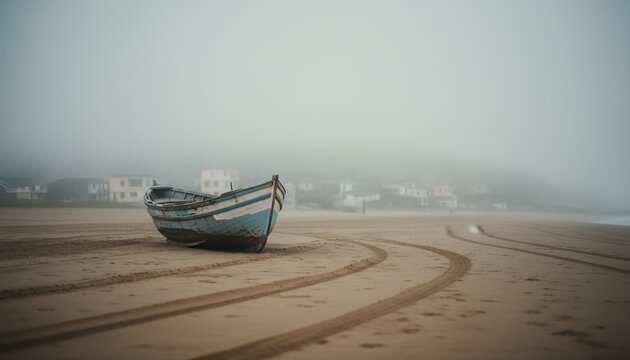Weathered blue and white wooden fishing boat rests on a sandy shore with tire tracks leading towards a seaside town obscured by dense, atmospheric fog - Powered by Adobe