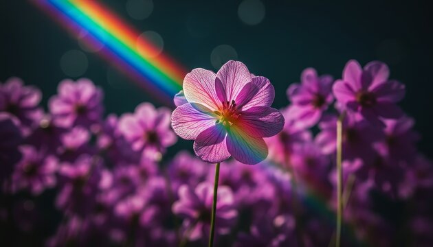 Single detailed purple flower is illuminated by a magical diagonal rainbow light beam, creating a vibrant and dreamlike scene in a field of blossoms with beautiful bokeh - Powered by Adobe