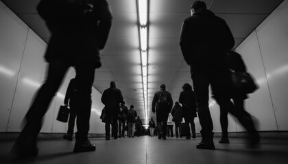 Silhouetted crowd of anonymous people walking through a long futuristic underground tunnel with bright overhead lights, captured from a dramatic low angle perspective in black and white