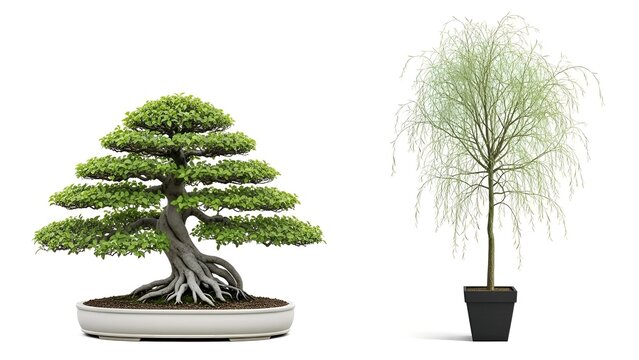 Bonsai tree and potted weeping tree isolated on white background