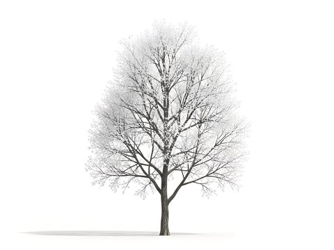 Deciduous tree covered in frost or light snow isolated on white background