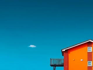 Red house with a blue sky in the background. The house is on a balcony