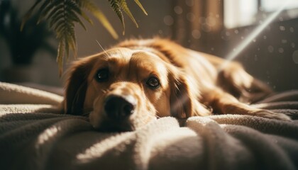 Beautiful golden retriever dog rests on a cozy plush blanket in warm morning sunlight, looking at the camera with a calm and peaceful expression in a cinematic close-up